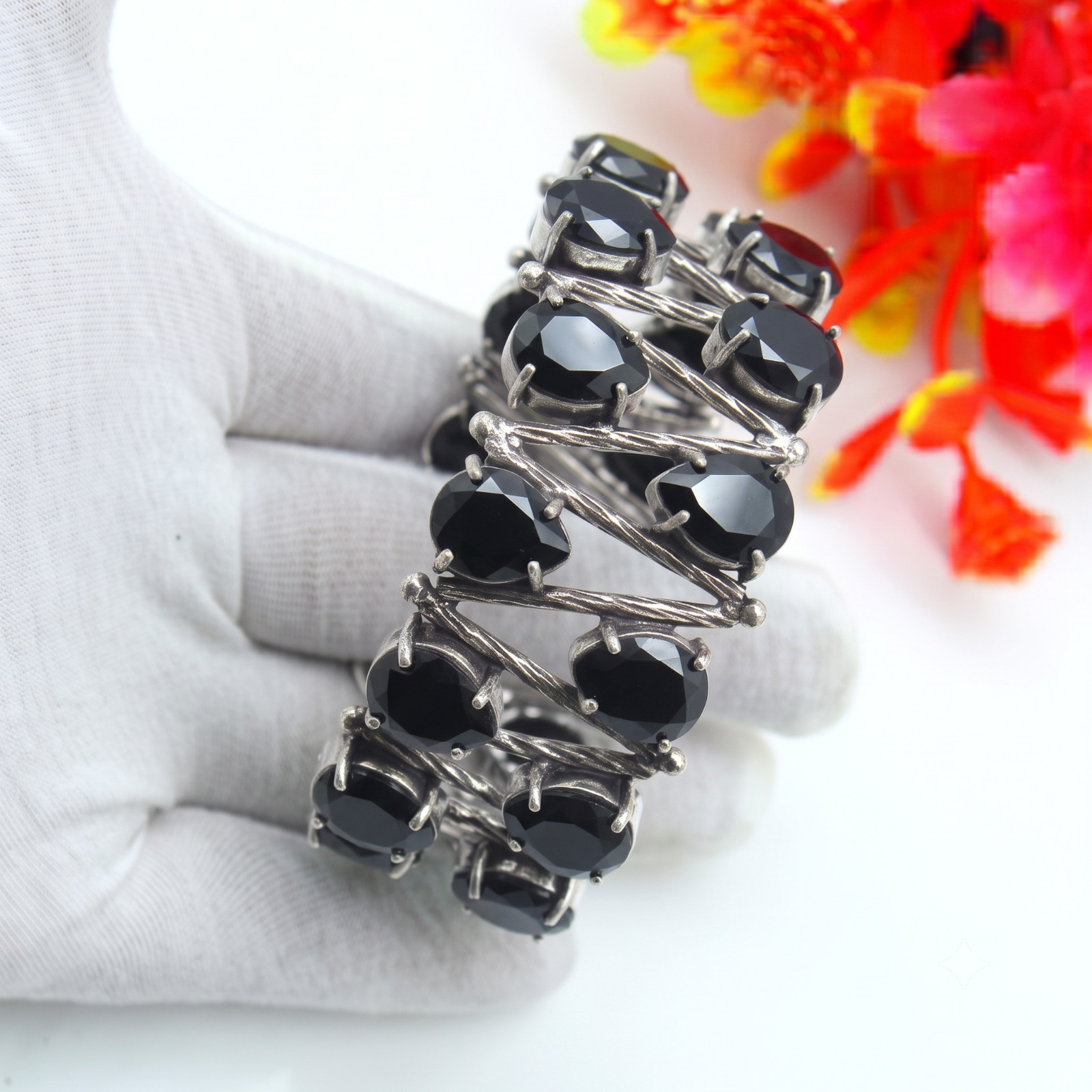 Black Spinel Gemstone Handmade 925 Sterling Silver Cuff Bracelet Jewelry ADJ 8″