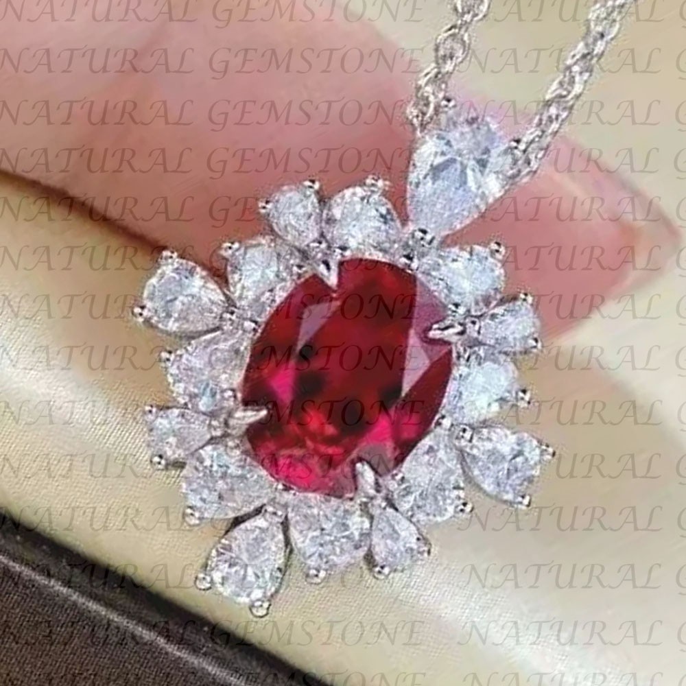 6.80Carat Oval Shape Natural Red Ruby and Diamond Pendant 18K White Gold Plated