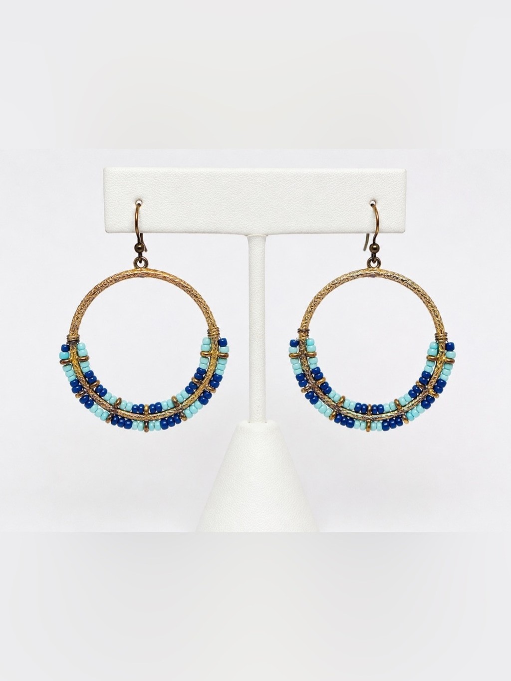 Boho Blue Seed Bead Hoop Earrings Gold Tone Dangle Lightweight Bohemian