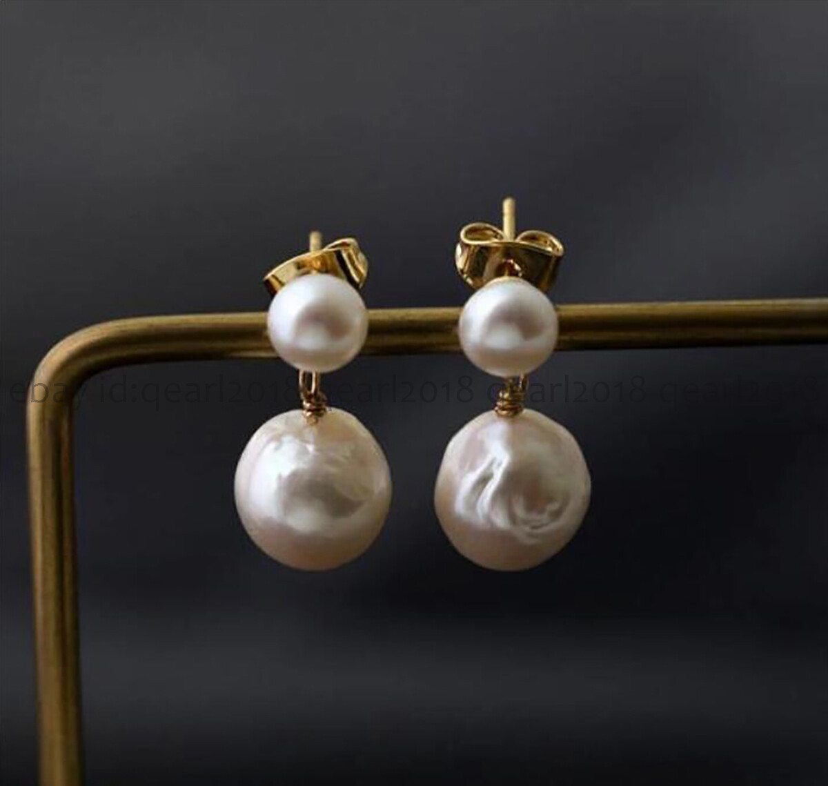11-12mm White Natural South Sea Baroque Edison Double Pearl Dangle Stud Earrings