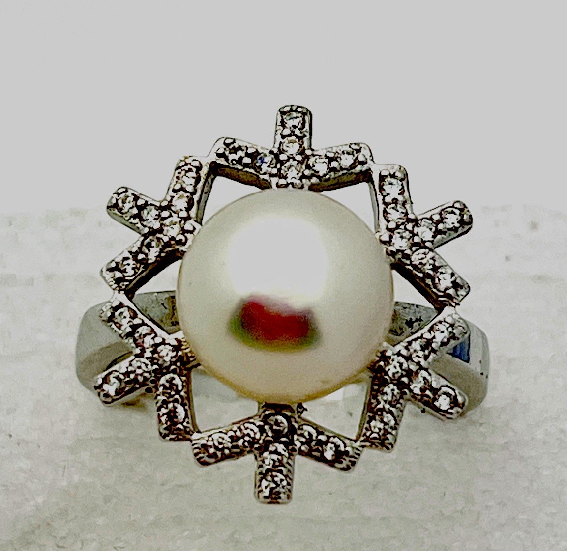 Sterling Silver 925 5.3 Gram Prong Set 42 CZ Genuine Pearl Ring Size 7 1/2