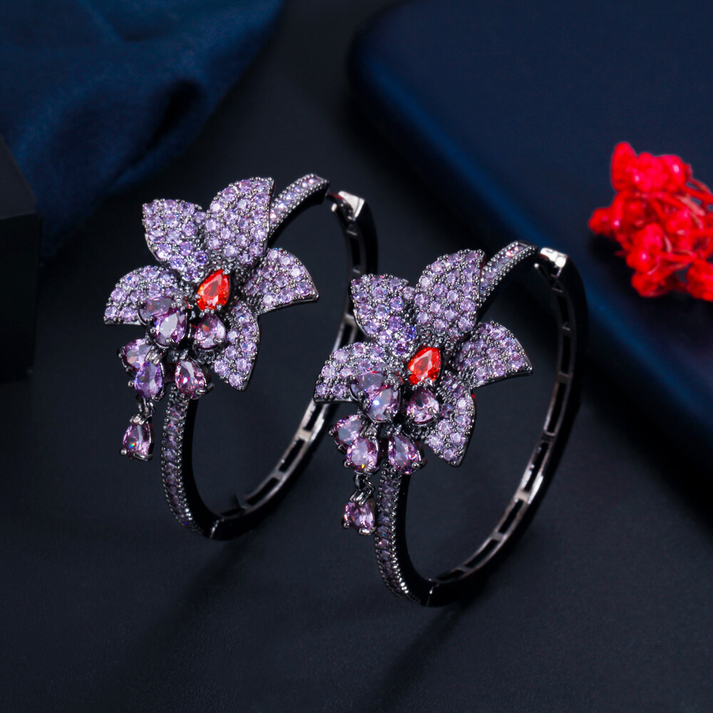 Black Gold Plated Purple CZ Large Round Dangle Drop Tassel Flower Hoop Earrings