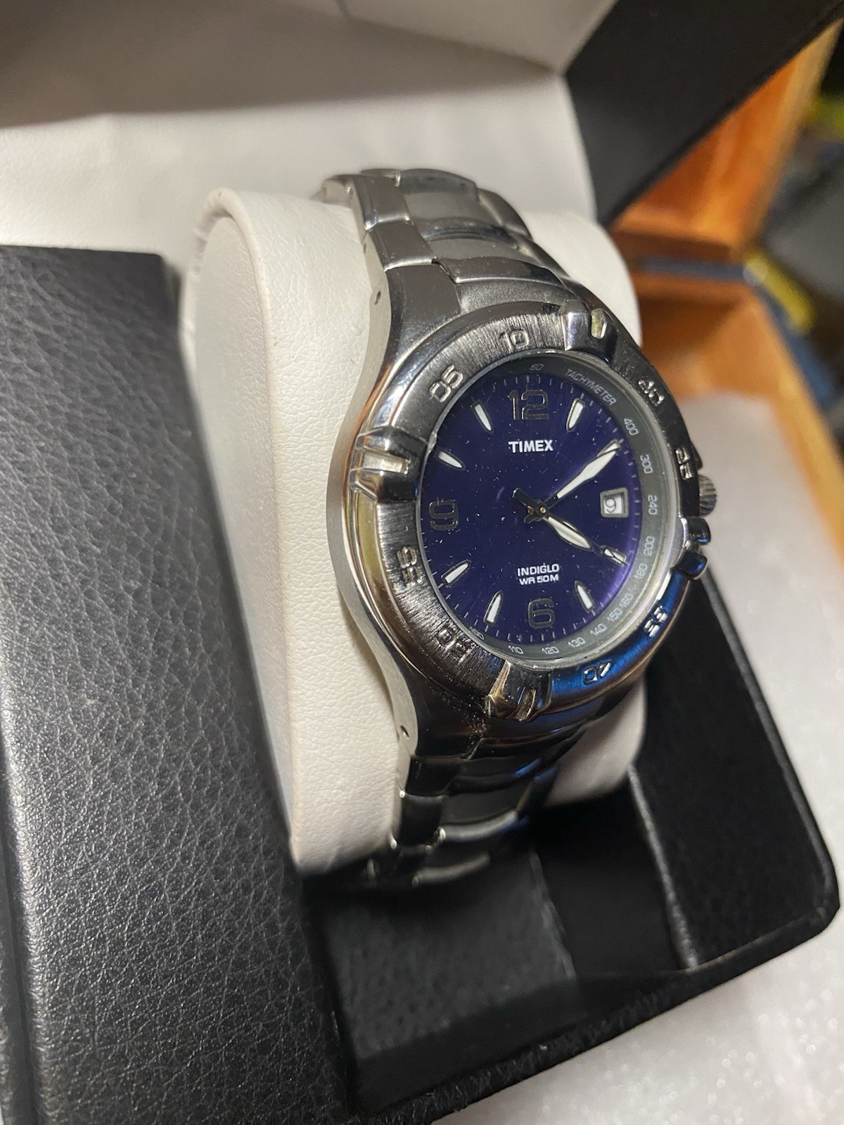 Timex Indiglo WR 50M Blue Sunburst Dial Quartz Date Stainless Bracelet