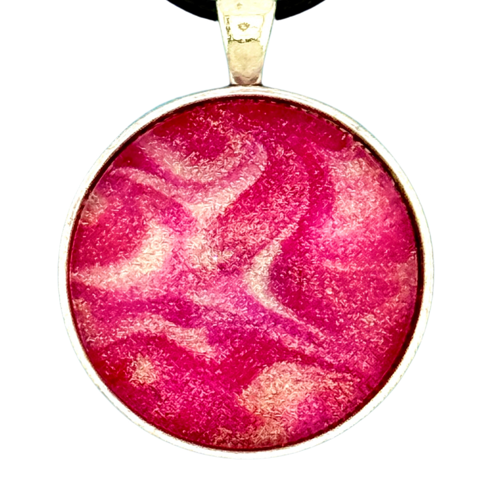 Pendant Necklace Colorful Handmade “Cotton Candy” Silver Bezel 30mm Black Cord