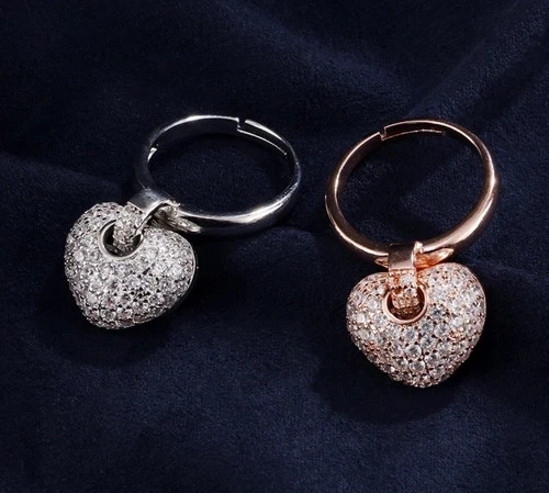 14K Rose Gold Plated Dangle Heart Charm Ring Made Simulated Diamond Adjustable
