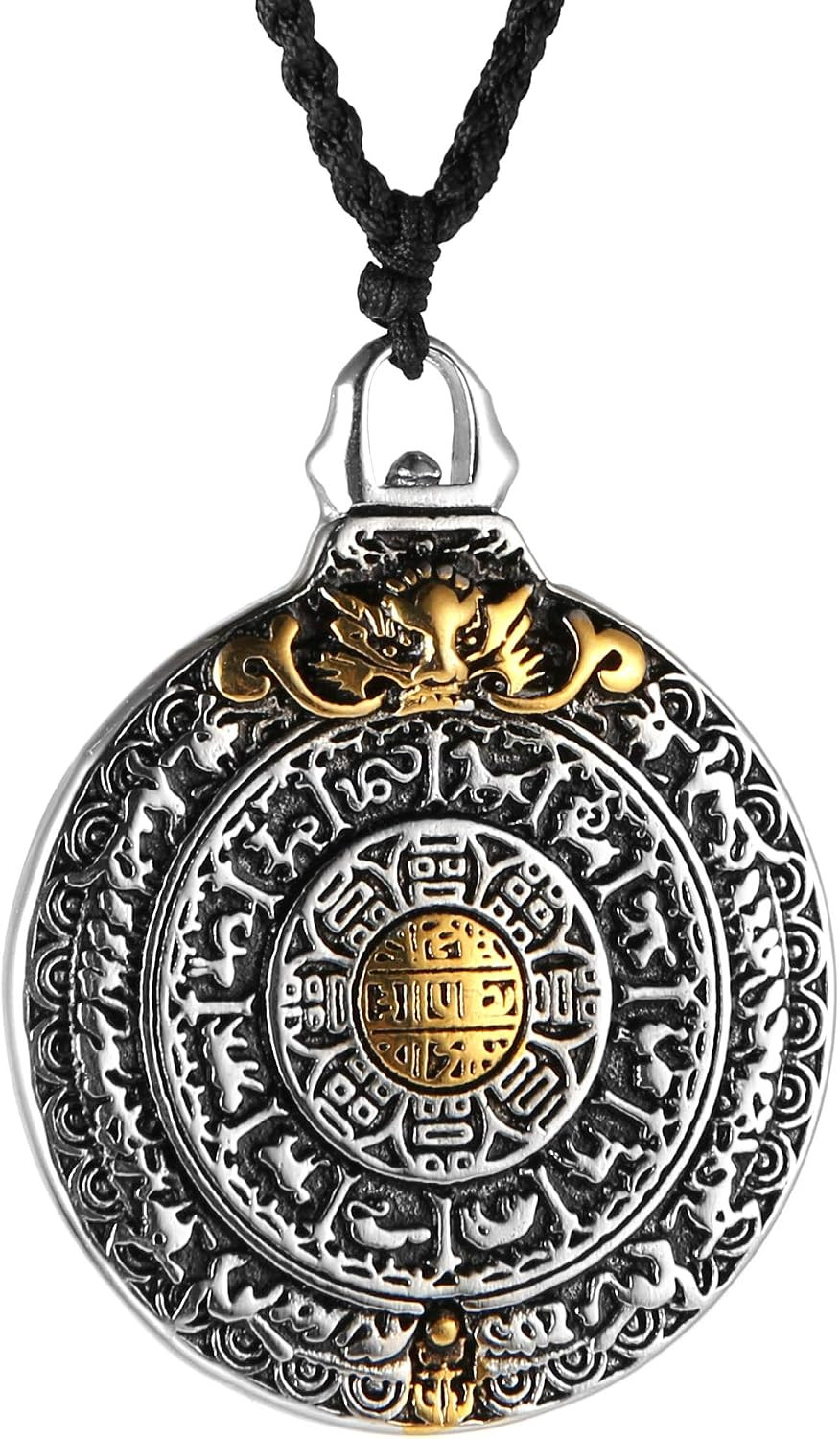 Tibetan Om Amulet Necklace Bagua I Ching Zodiac Dragon Stainless Steel Pendant