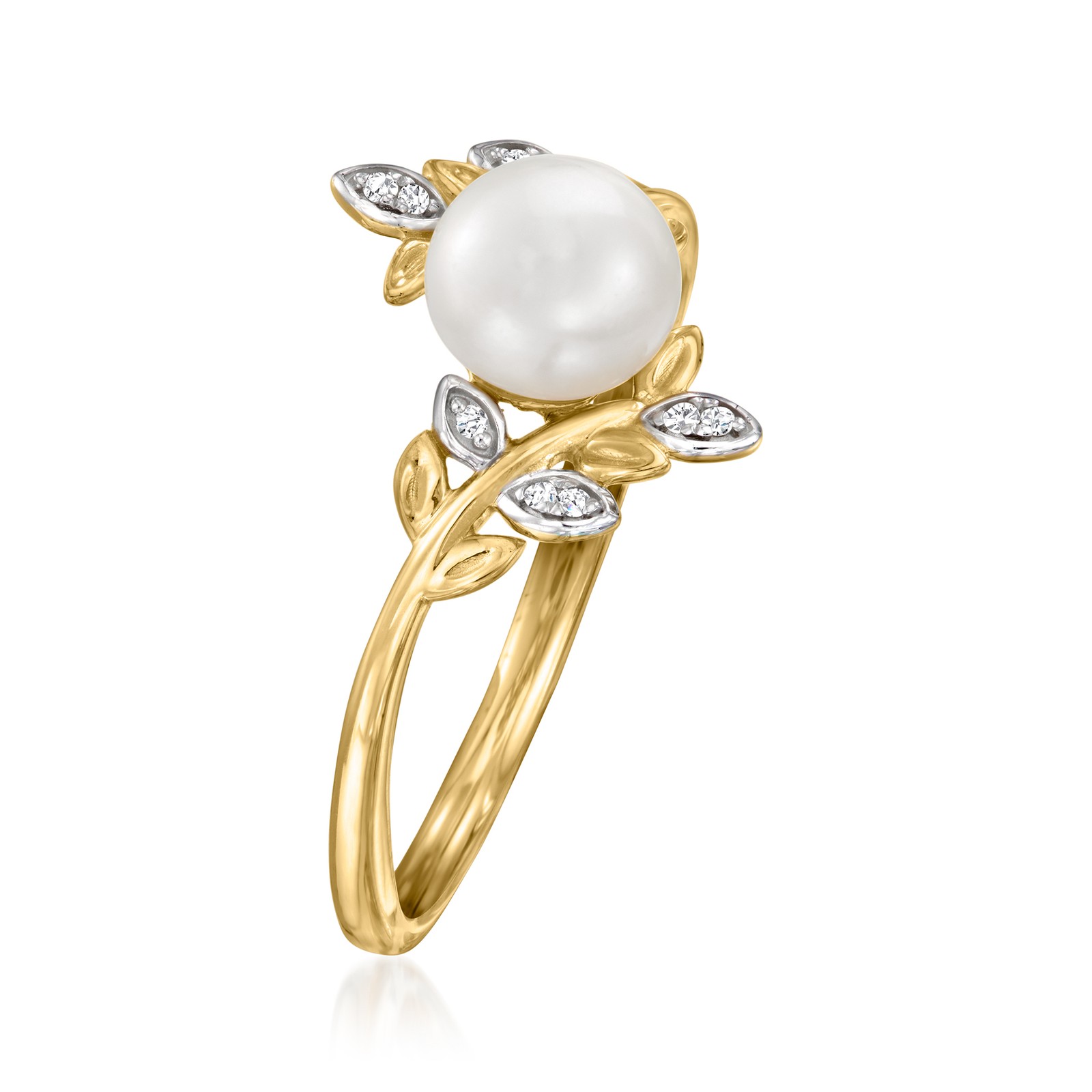 Ross-Simons 6-6.5mm Cultured Pearl Leaf Ring With Diamonds in 14kt Yellow Gold