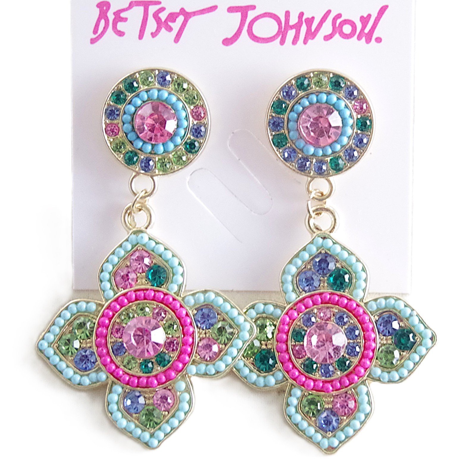 BETSEY JOHNSON BOHEMIAN/ BOHO FLOWER MEDALLION RHINESTONE BEAD DANGLE EARRINGS
