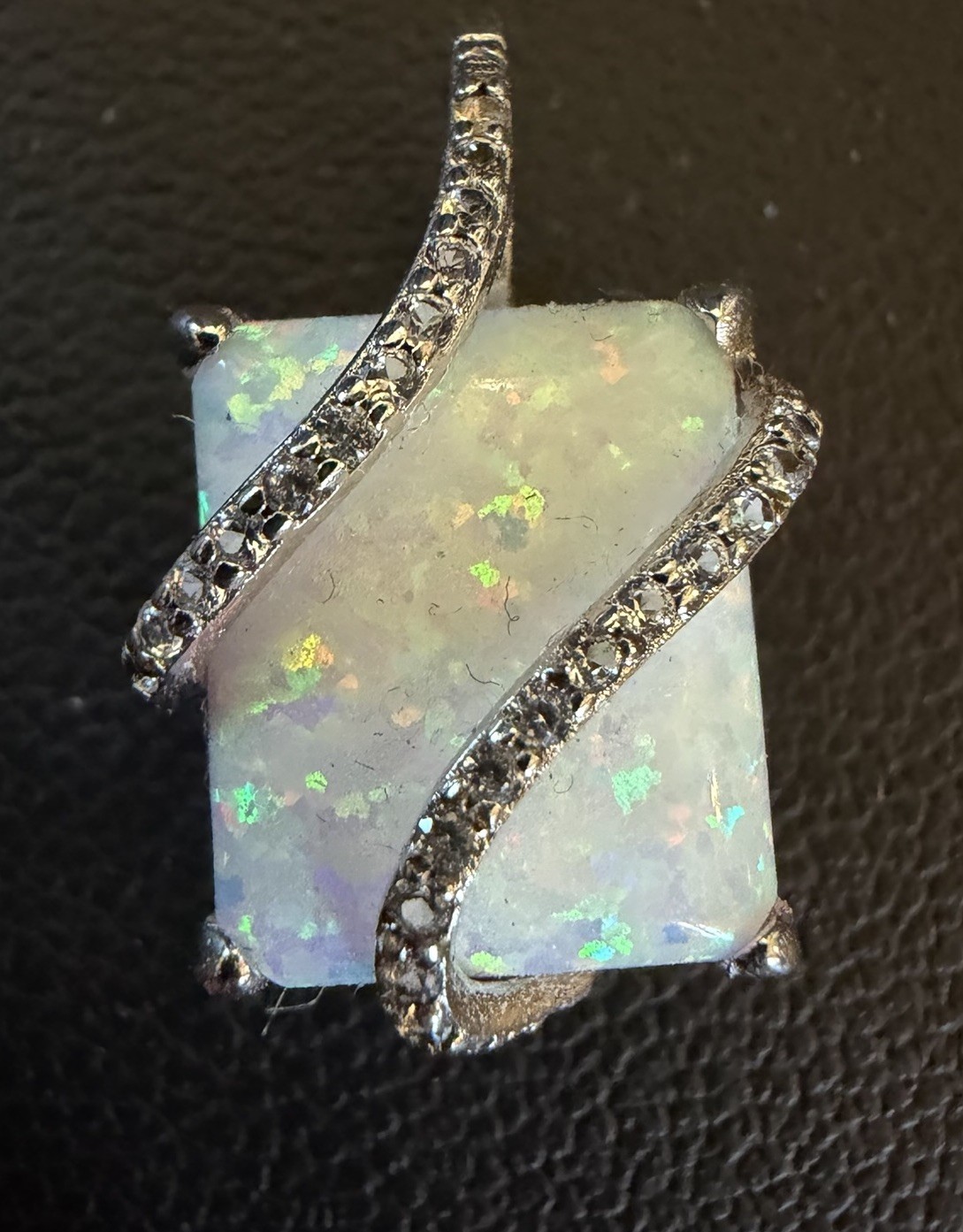 SUN Designer Sterling Silver Lab White Opal and White Topaz Halo Pendant 2g 3/4”