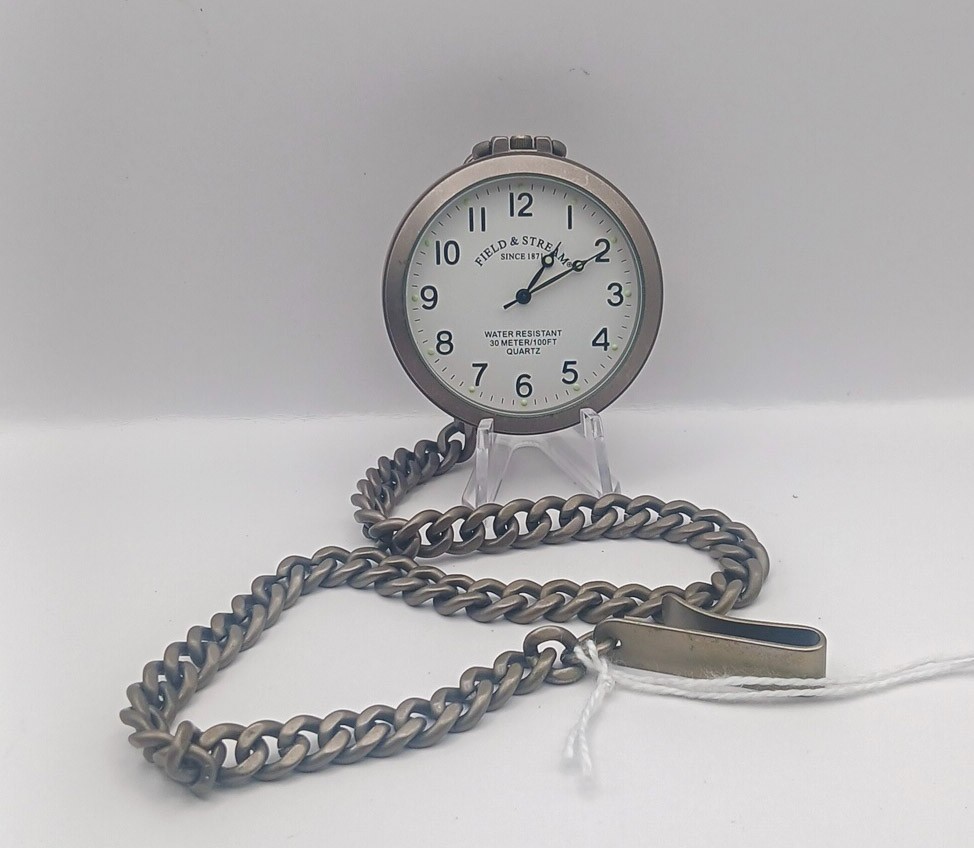 12IN, 43MM, Field & Stream Pocket Watch, Open Face Gunmetal Gray Quartz