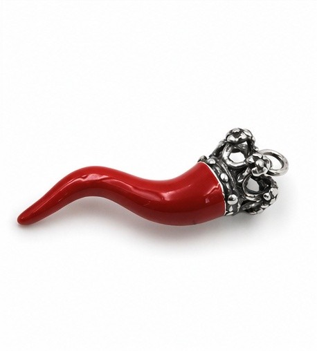 Red Cornicello Crown Pendant 800 Silver Neapolitan Lucky Horn Made in Italy