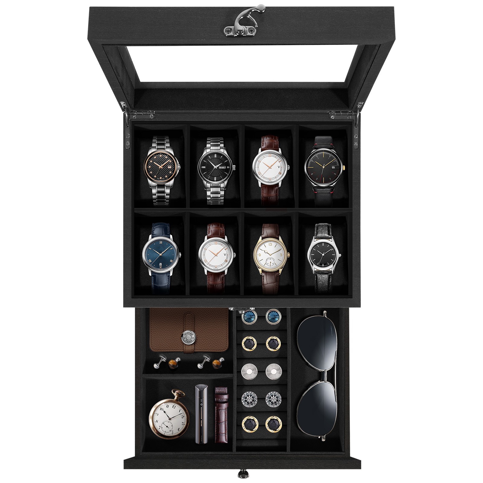 8 Slots Watch Box Solid Wood Watch Case Glass Lid Jewelry Storage Display Case