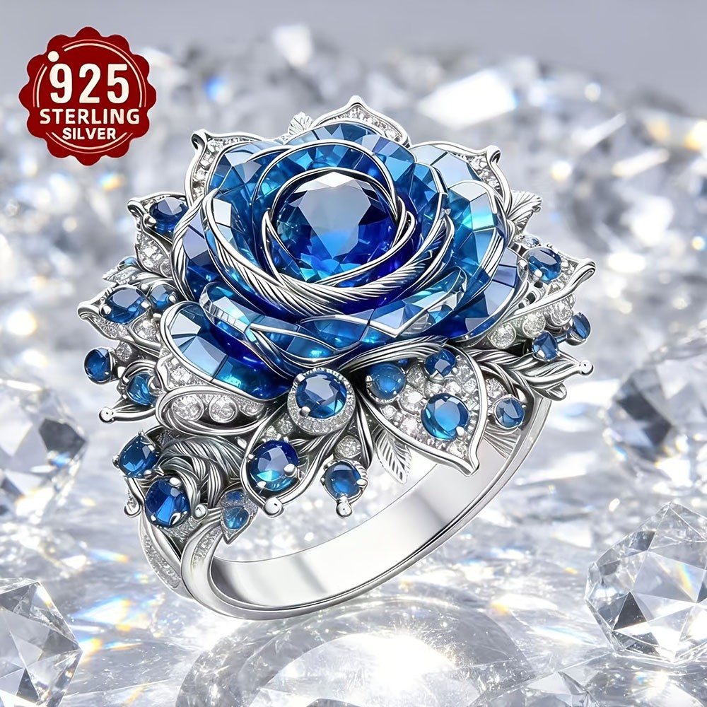 Elegant Three-Dimensional Hypoallergenic Sparkling 925 Silver Blue Rose Ring Set