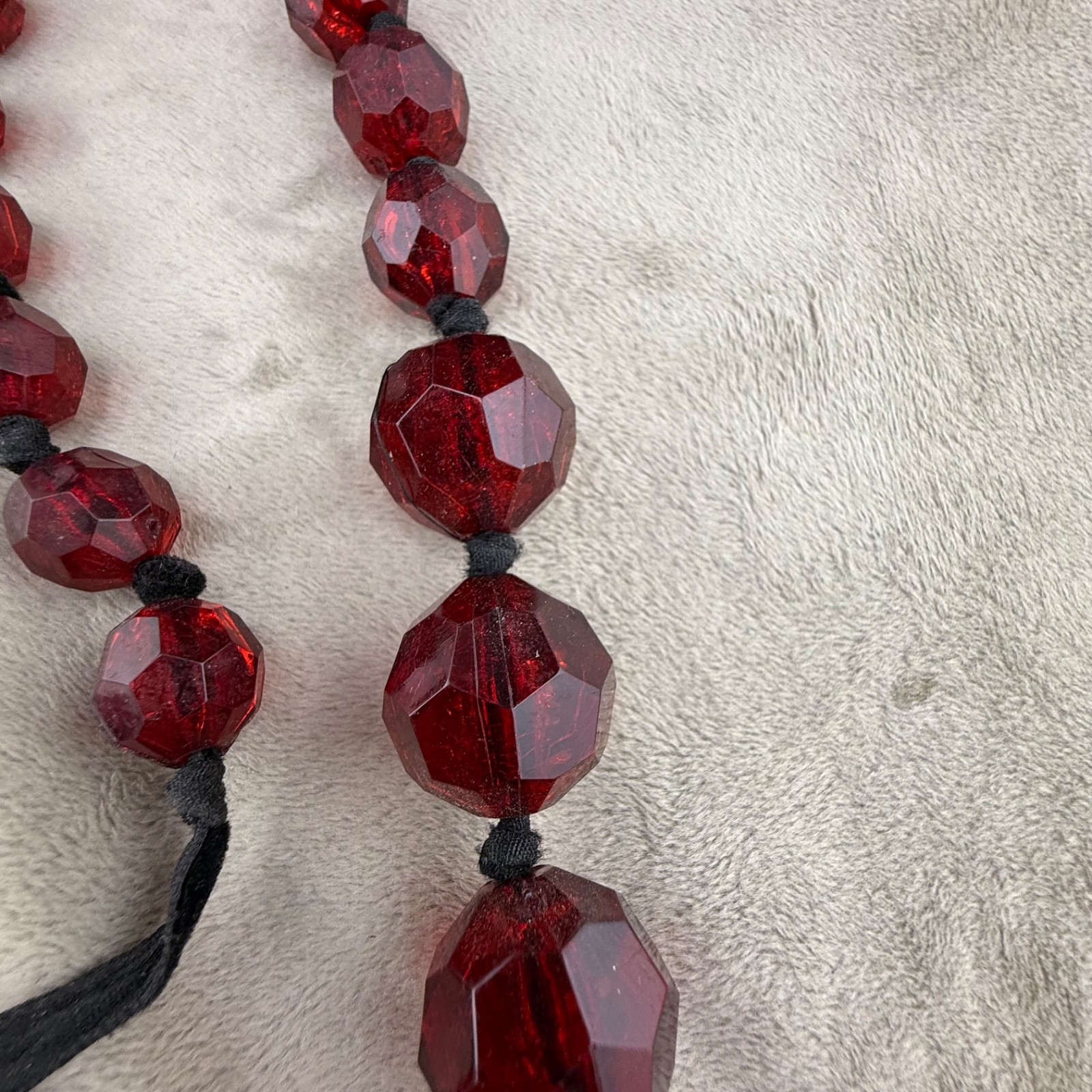 Beaded Acrylic Red Necklace Black Cord 48”