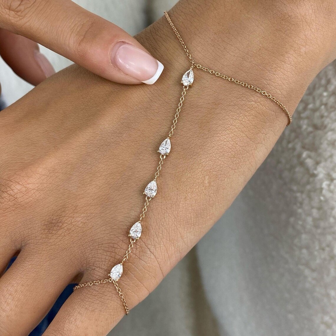 2.50 Ct Treated Certified White Diamond Ring Finger/Hand Chain Bracelet. 925