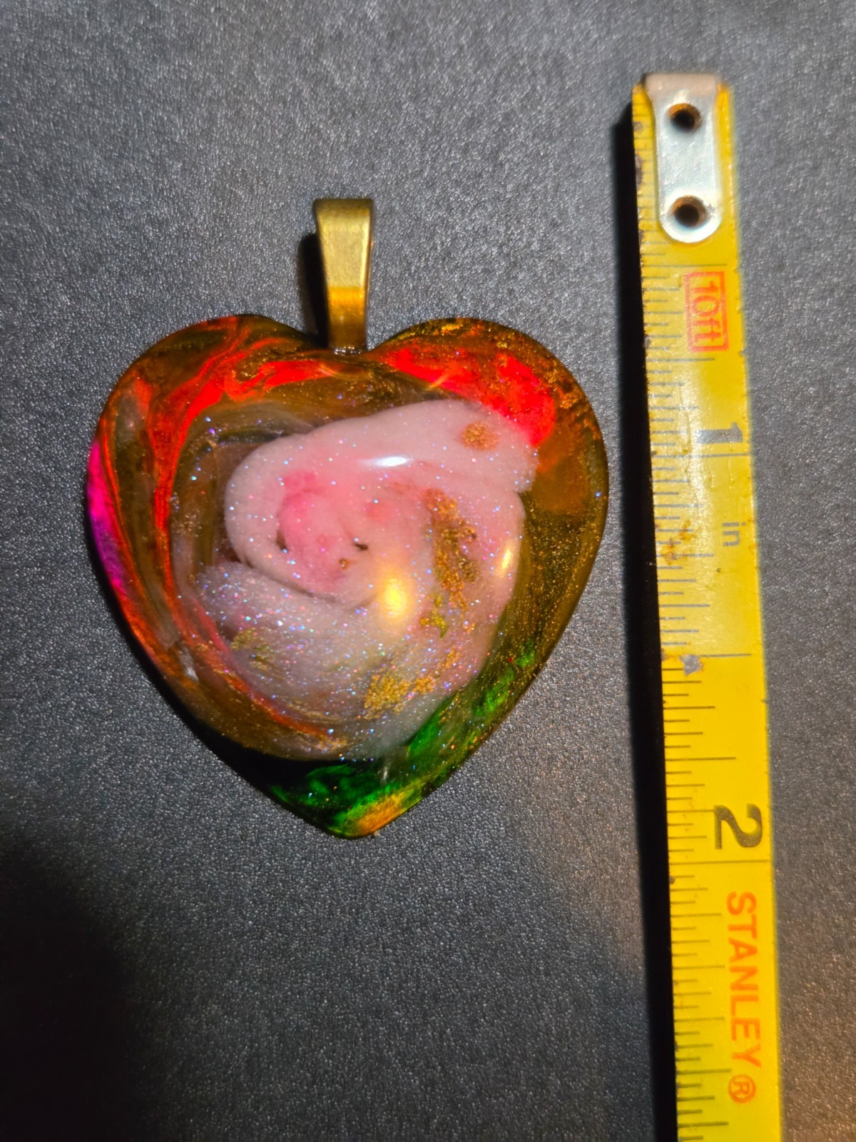 OOAK Nebula Petri Effect Resin Heart Pendant Pink Gold Green N102