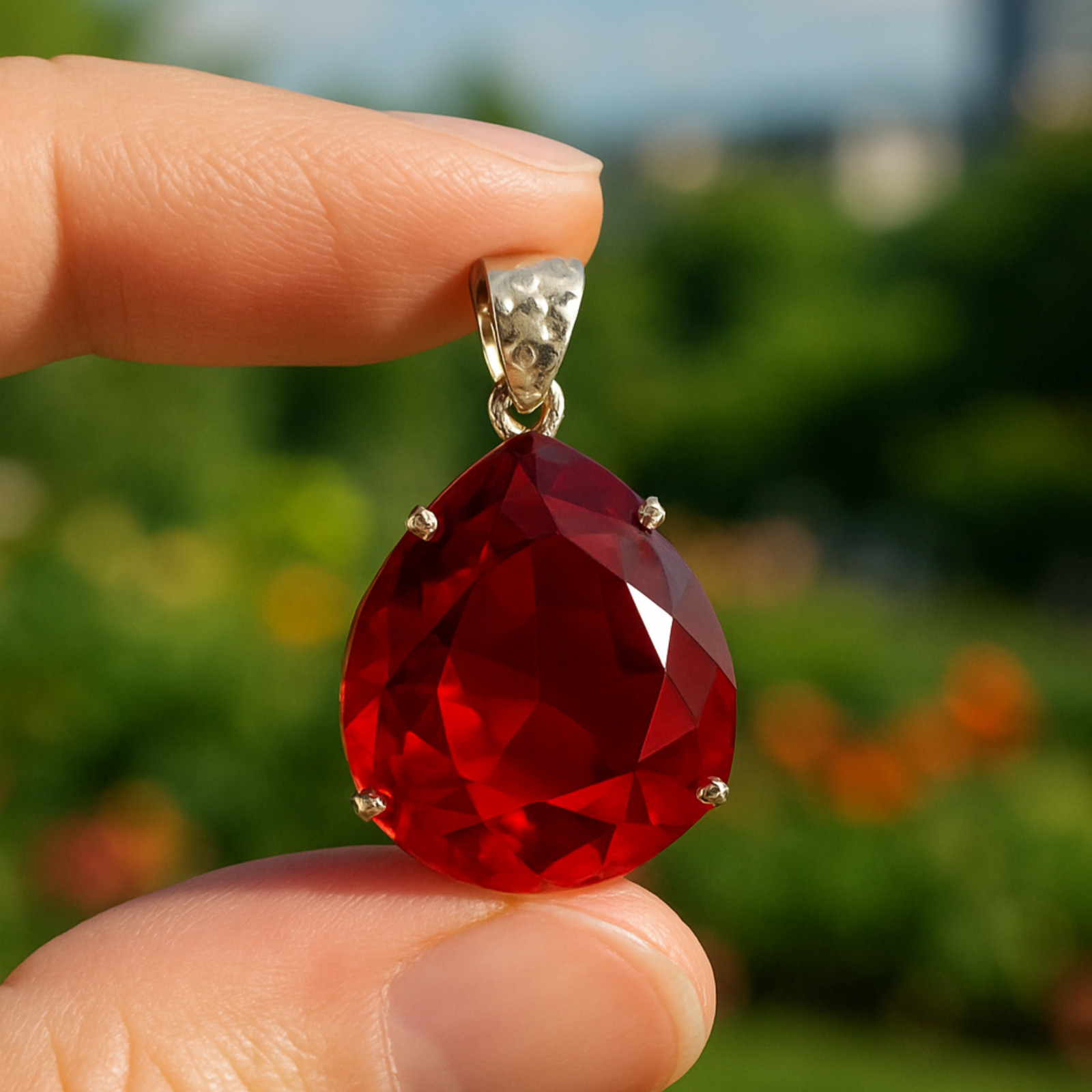 Handmade Ruby Pear Necklace, 90–100ct Red Gemstone Pendant with Free Chain Gift