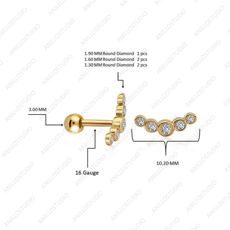 Natural Diamond Cartilage Tiny Earring Helix, Conch, Earlobe Piercing 14k Gold