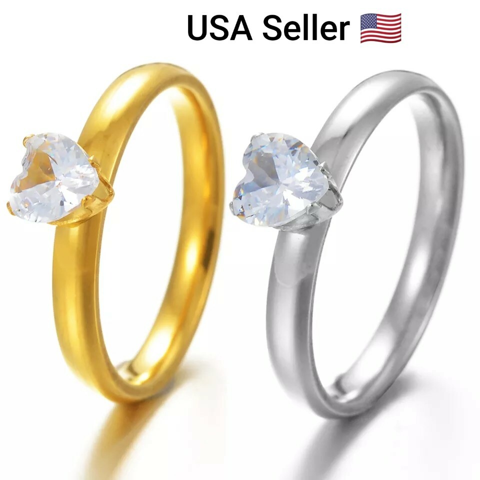 Gold Silver Color Crystal Geometric Simple Heart Ring For Women Girl Female Cute