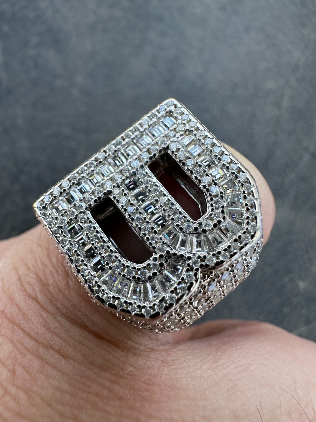 Real MOISSANITE Large Initial Letter Ring Iced Baguette Hip Hop 925 Silver A-Z