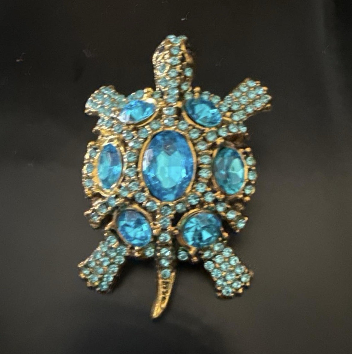 Gold Tone Blue Rhinestone Turtle Brooch Pin, Sea Life Animals & Insects
