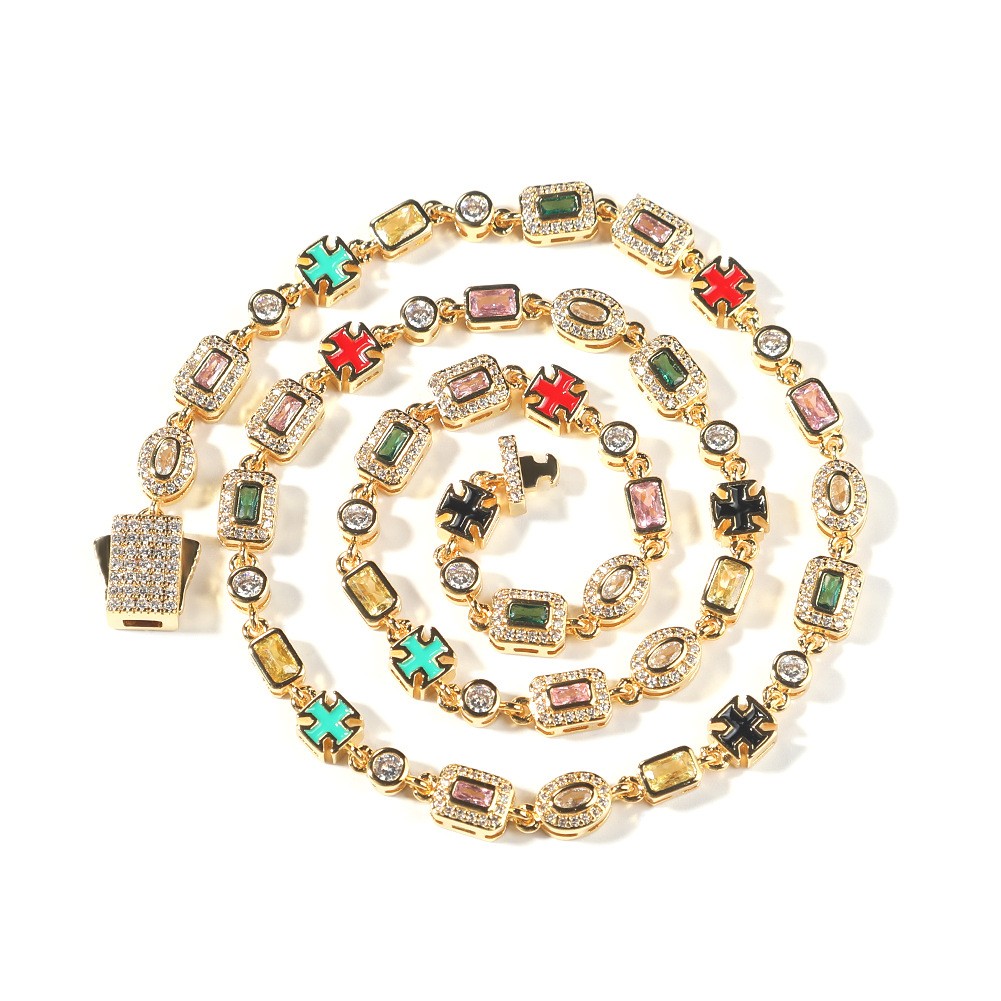 Iced Out Multi Color Gem Cross Link Chain Gold Hip Hop Unisex Statement Necklace