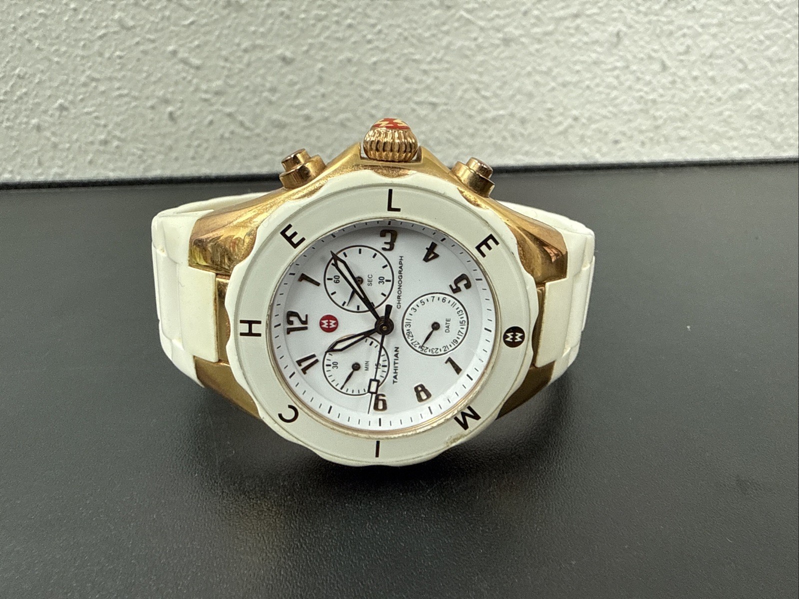 MICHELE Tahitian MWW12F000008 Gold Tone Rubber Band Chronograph NEEDS BATTERY