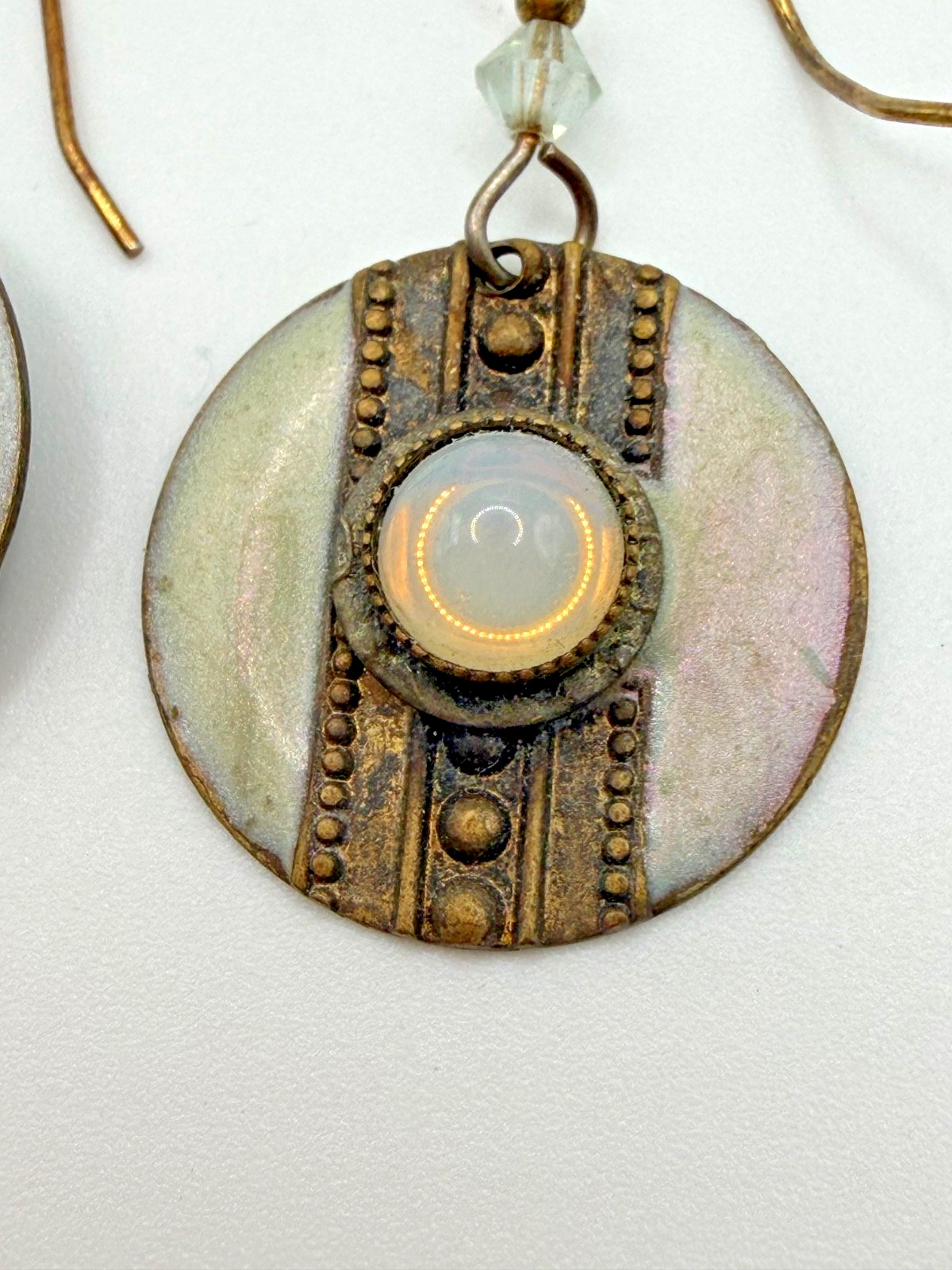 ARTISAN MIXED METALS EARRINGS ROUND IVORY PATTERNED DISC CENTRAL MOONSTONE