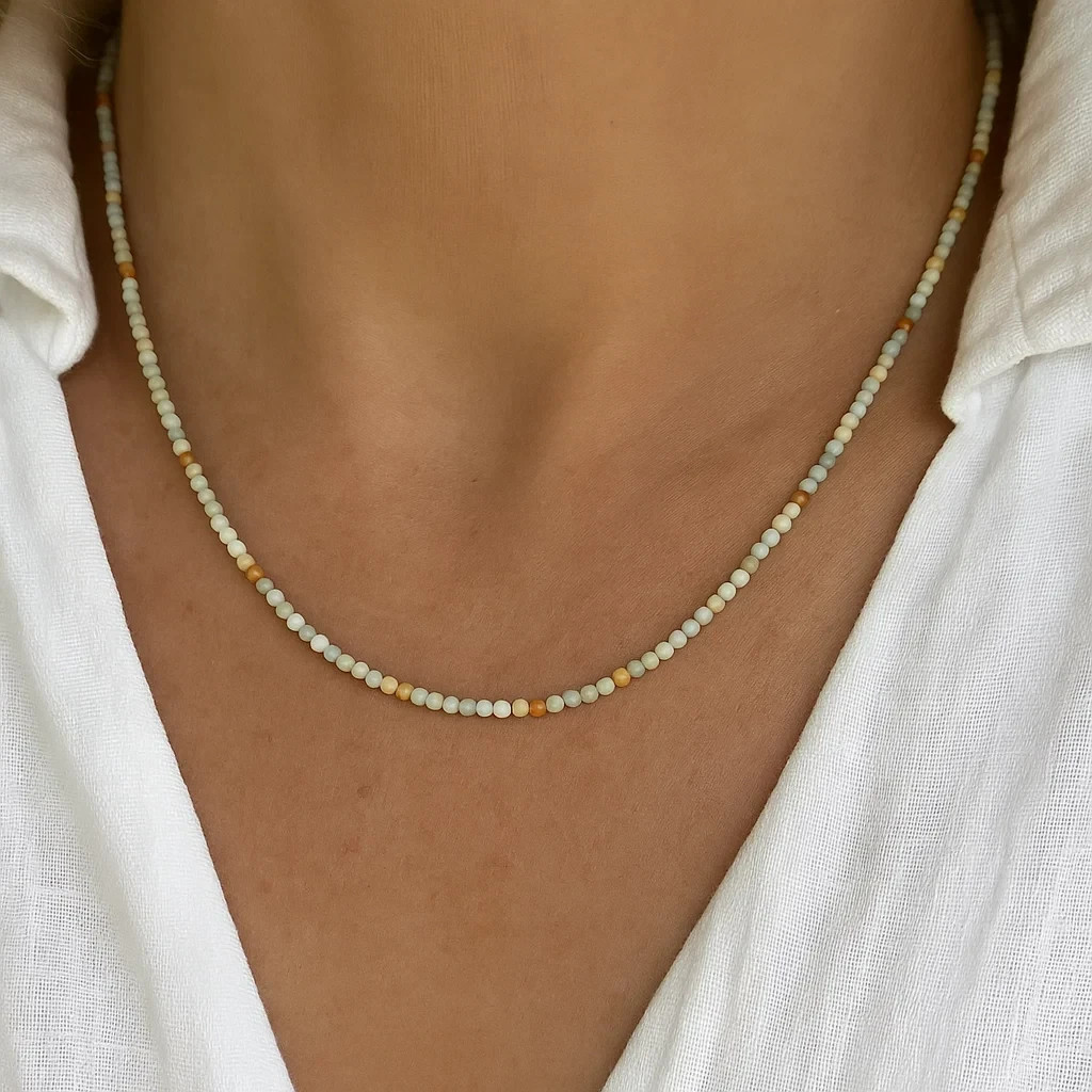 Natural Amazonite 2mm Beads Choker Healing Crystal Dainty Women Necklace Gift
