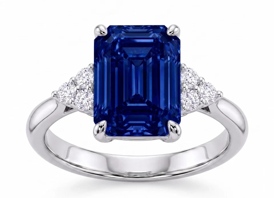 4.00 Ct Emerald Cut Natural Sapphire & Diamond Wedding Ring 925 Sterling Silver