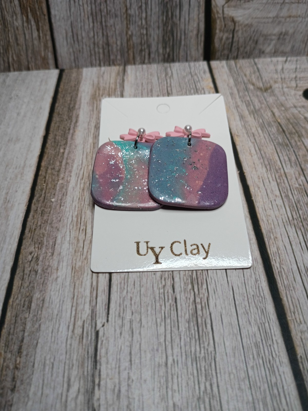 Handmade Pastel Marbled Square Ribbon Bow Polymer Clay Earrings – Hypoallergenic