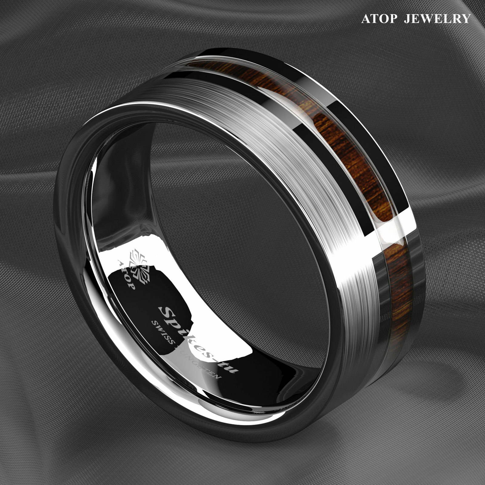 8mm Silver Brushed Tungsten Carbide Ring Off Center Koa Wood ATOP Wedding Band