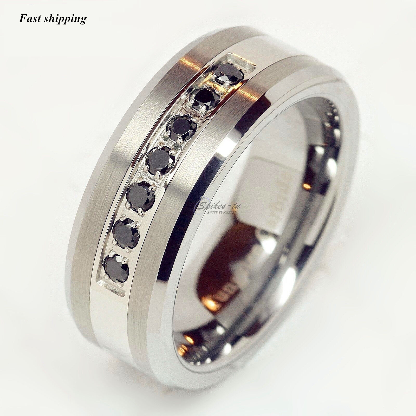 8mm Black/Silver Tungsten Carbide Ring Inlay Comfort Fit ATOP MEN Wedding Band