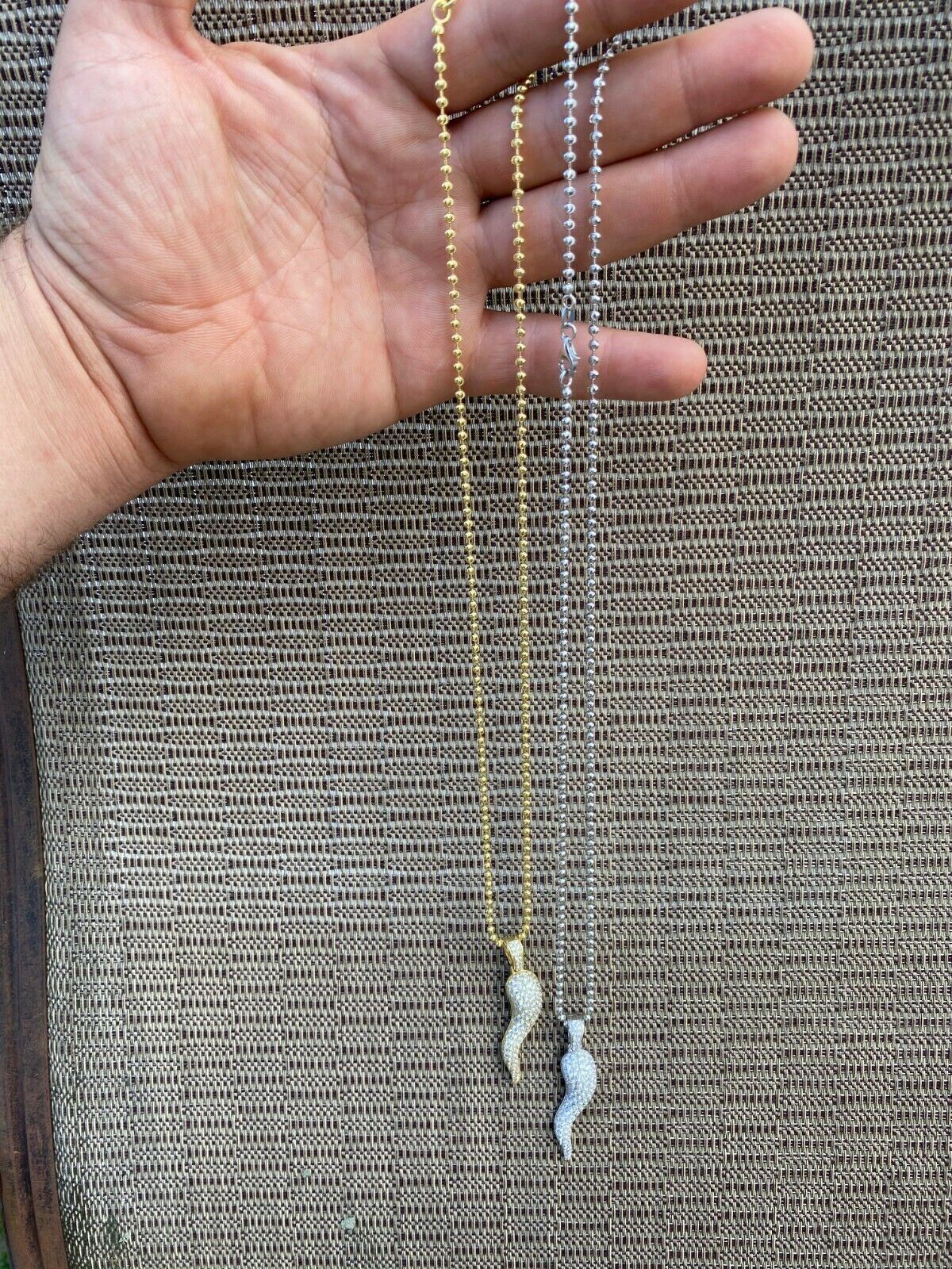 Real 925 Silver/14k Gold Plated Cornicello Italian Horn Pendant Necklace Iced CZ