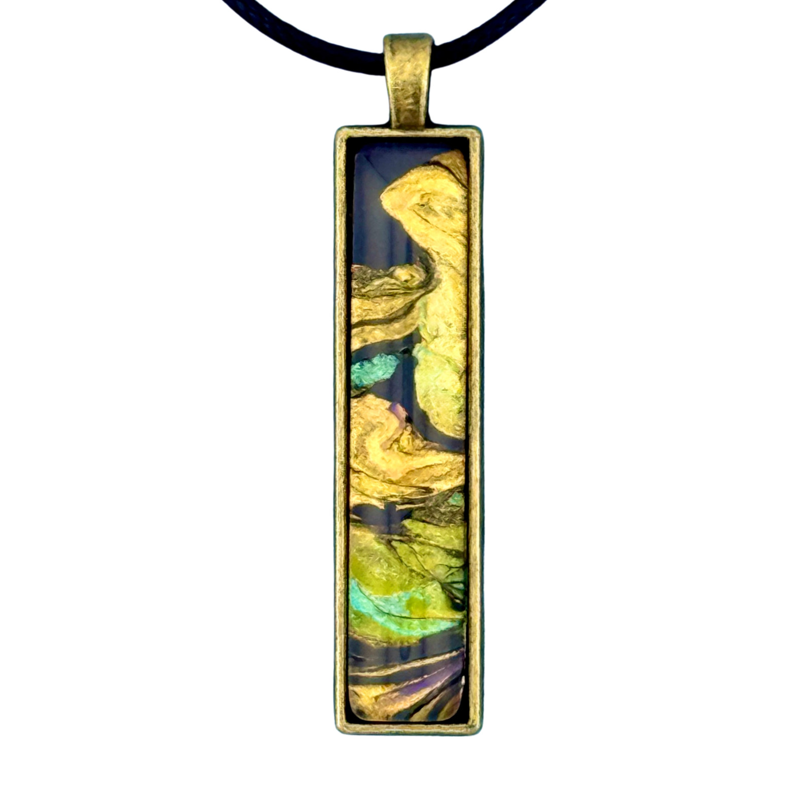 Pendant Necklace Handmade “Molten Metal” Long Brass Bezel Glass Black Cord