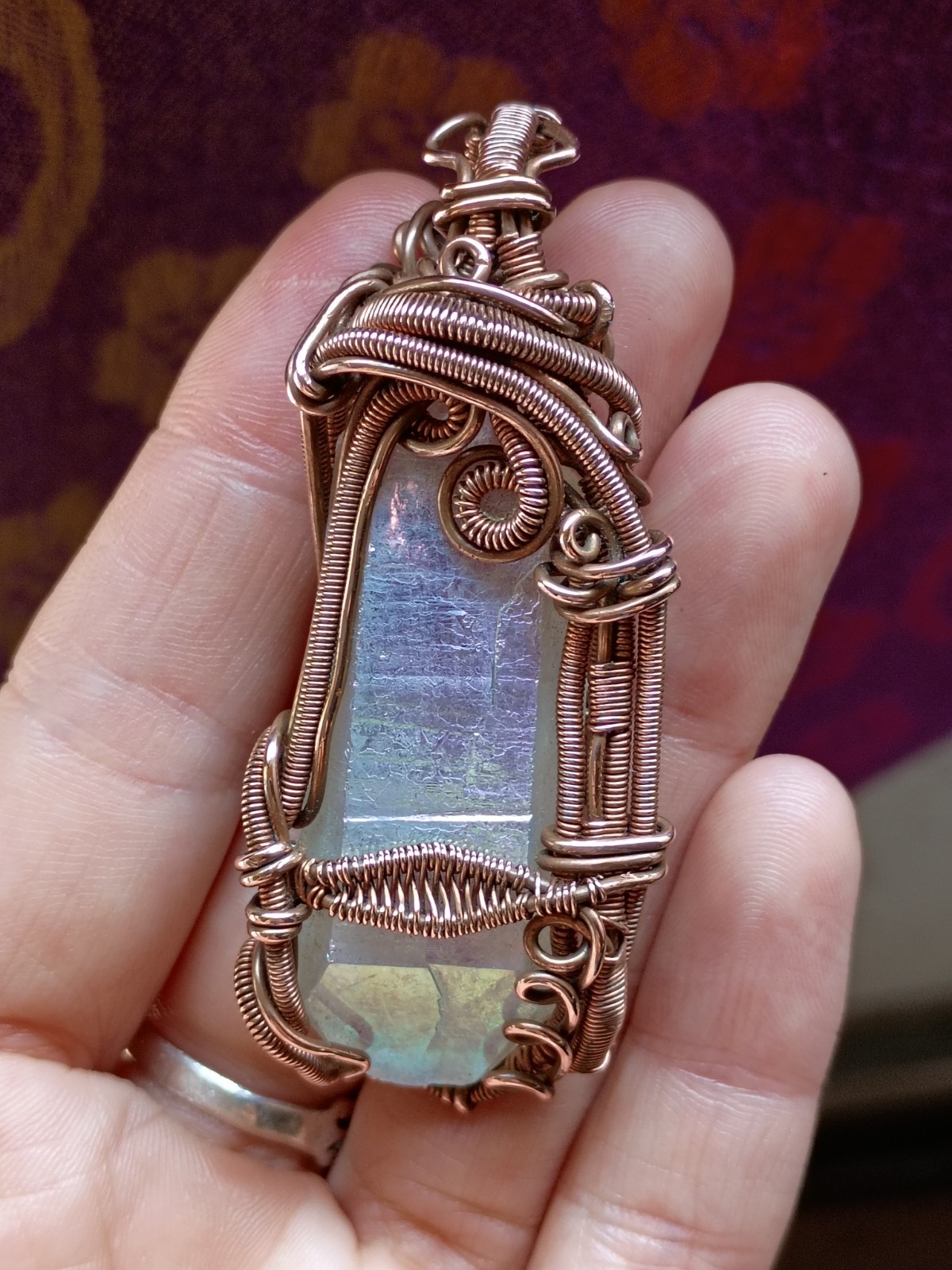Angel Aura Quartz Crystal Wire Wrap double terminated Copper Pendant Necklace