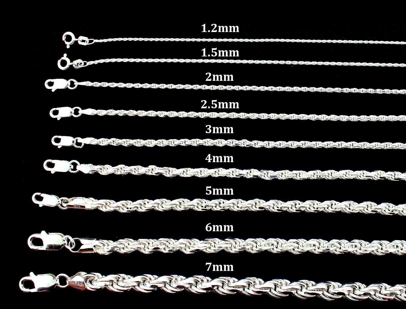 Real 925 SOLID Sterling Silver ROPE CHAIN Bracelet, Diamond Cut, ITALY 2MM-7MM