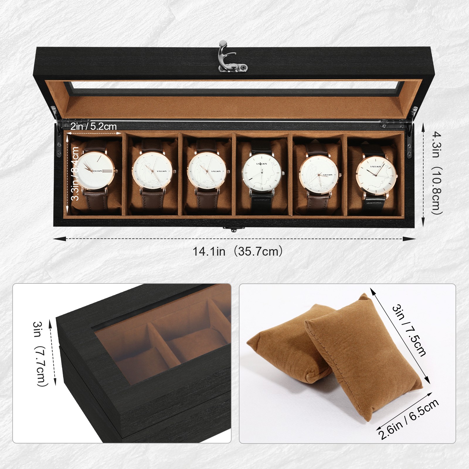 6 Slots Watch Box Solid Wood Watch Case with Clear Top Storage Display Case Gift