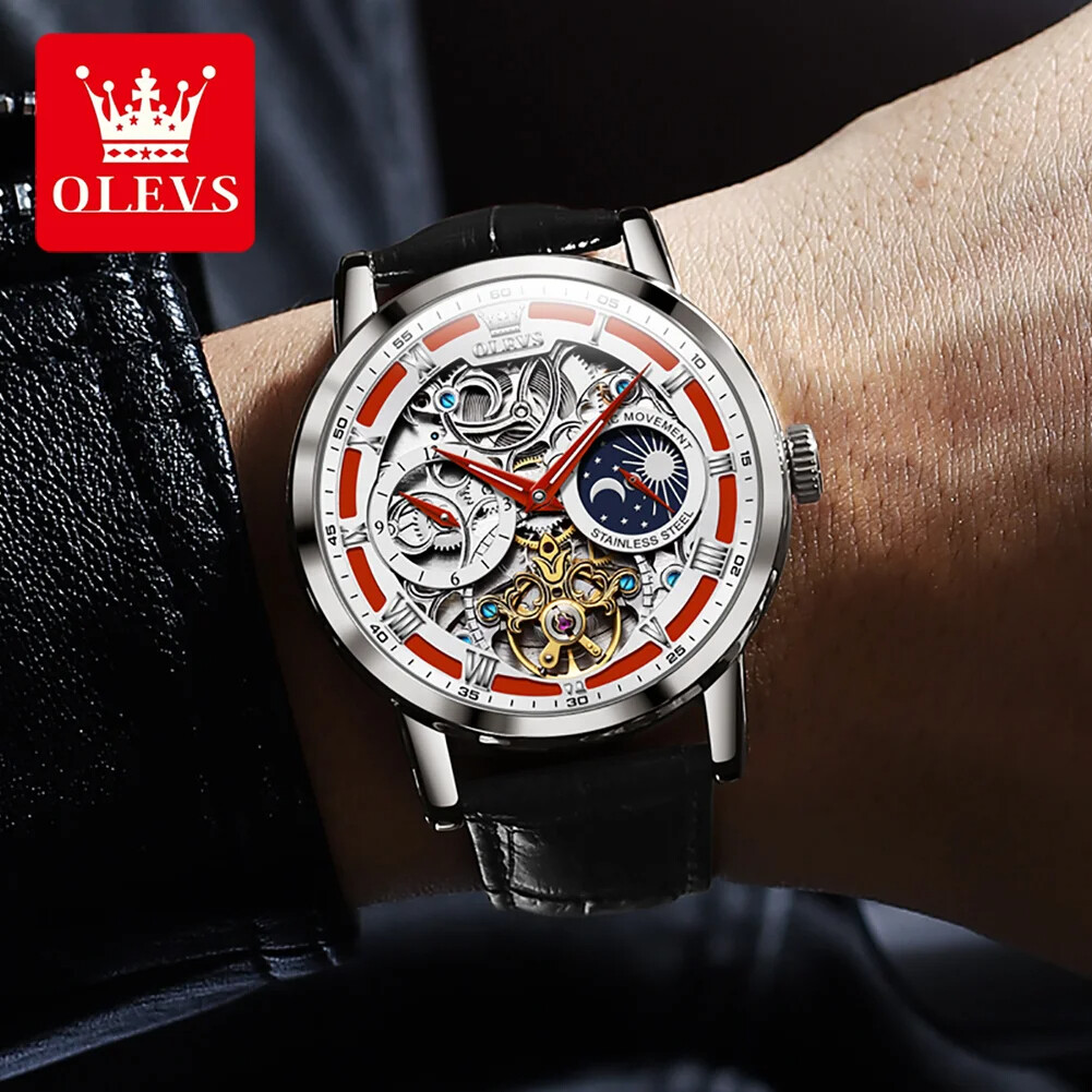OLEVS Skeleton Self-Wind Automatic Mechanical Men’s Watch Leather Moon Phase