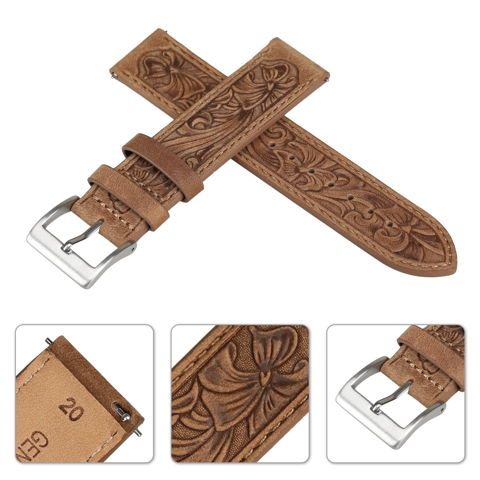 20mm Leather Watch Bands, Western Retro Embossed Leather Bands Compatible wit…