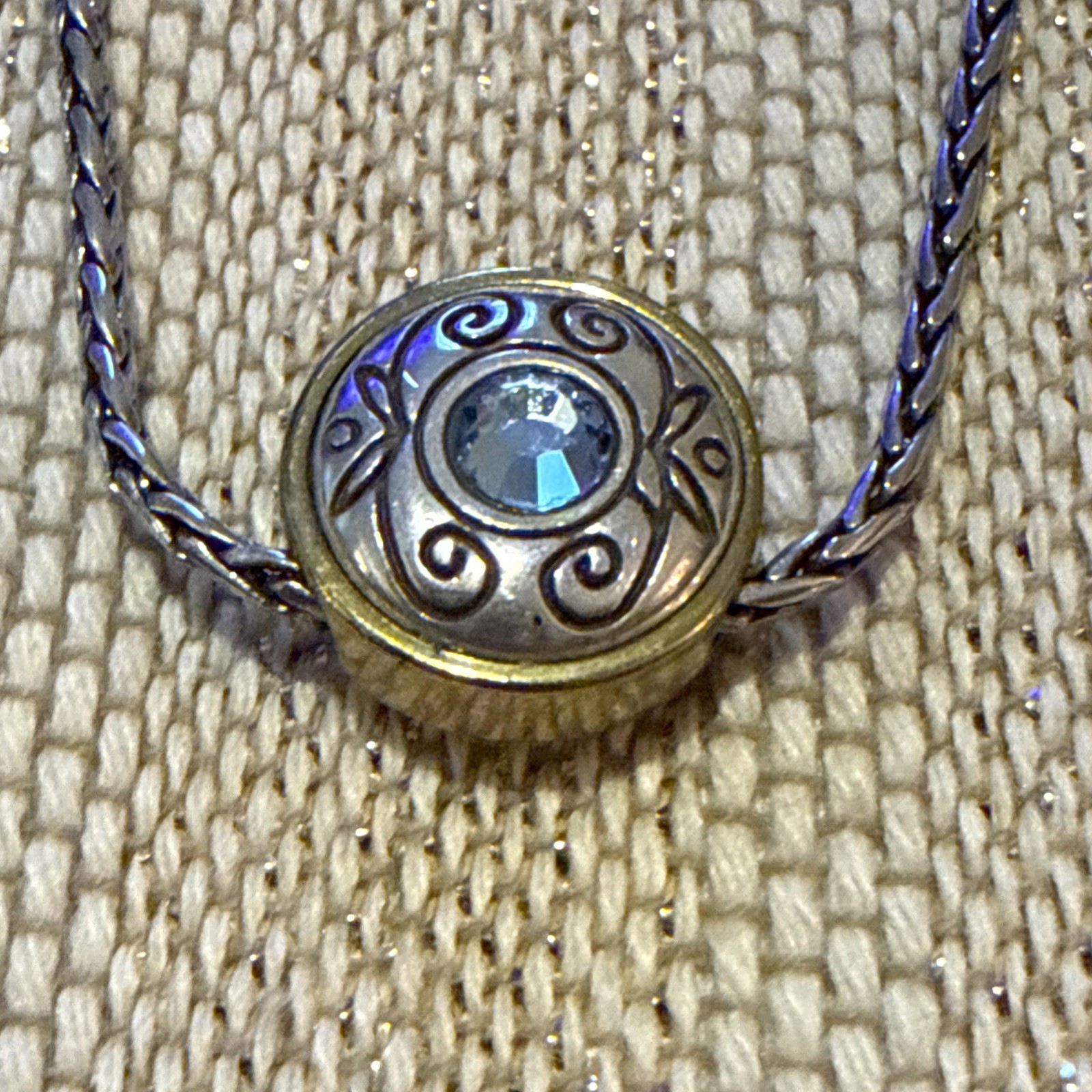 Brighton Silver Tone Chain Necklace Blue Swarovski Crystal Charm Gold Accents