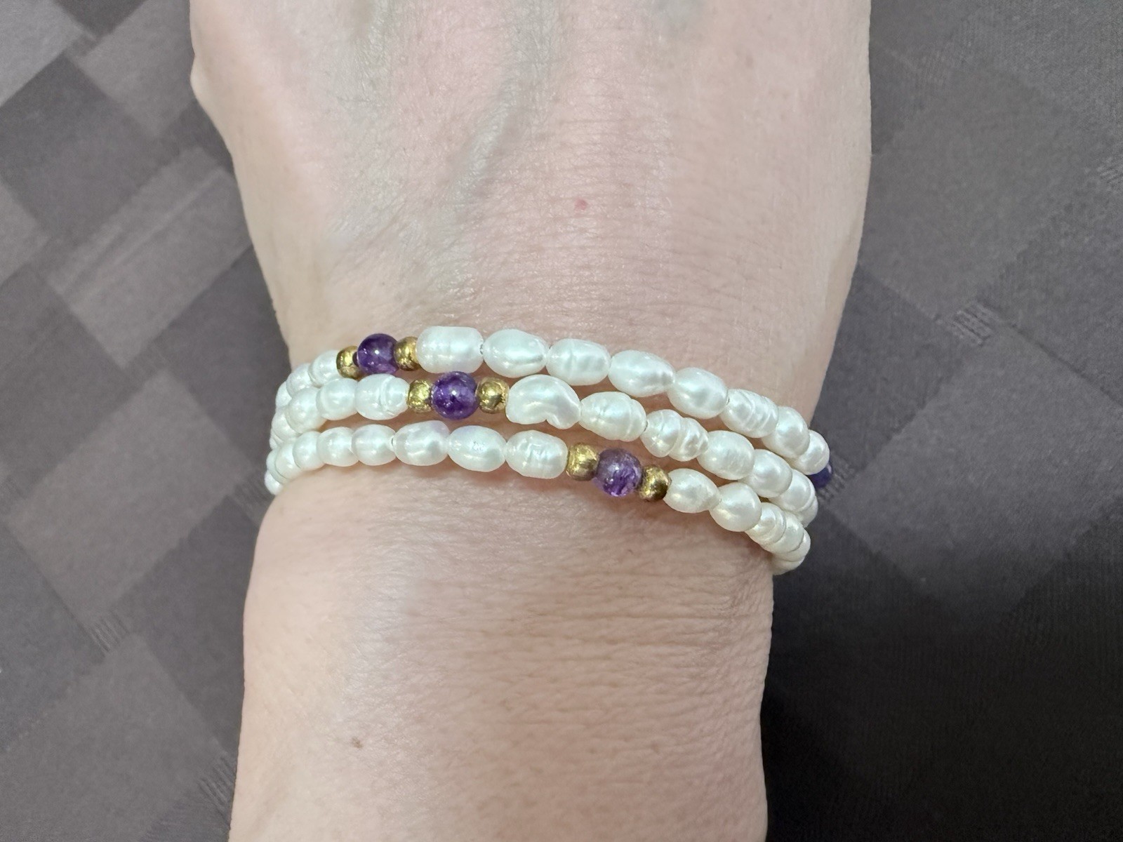 Vintage Triple Strand Freshwater RicePearl & Amethyst Memory Wire WrapBracelet
