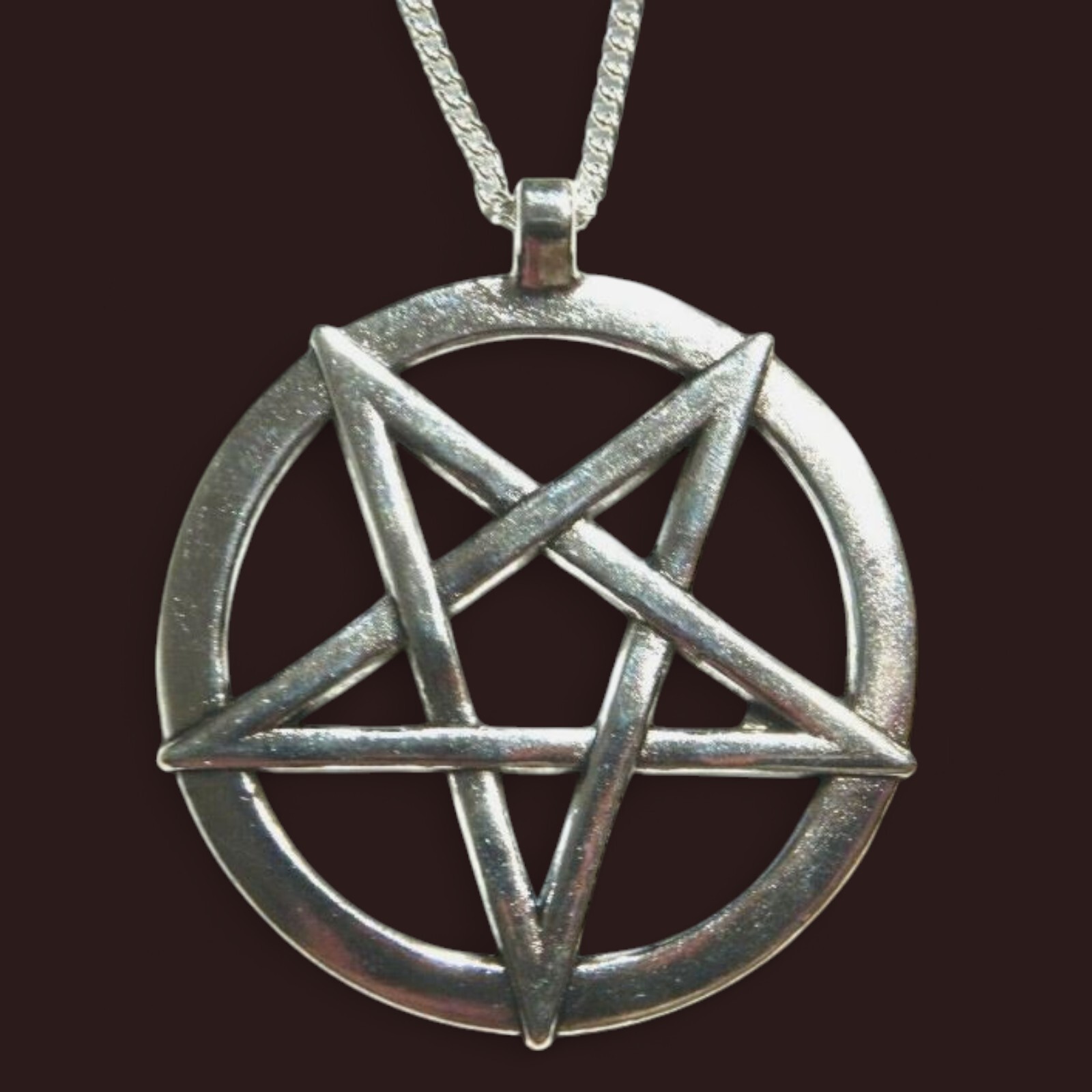 LARGE INVERTED PENTAGRAM PENDANT NECKLACE silvertone pentacle wiccan unisex Q3