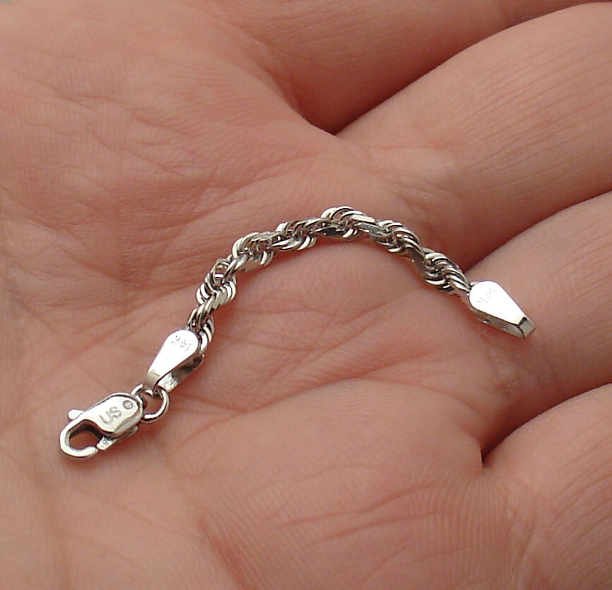 3mm Heavy Duty Solid Diamond Cut Rope Chain Necklace Extender 14K White Gold