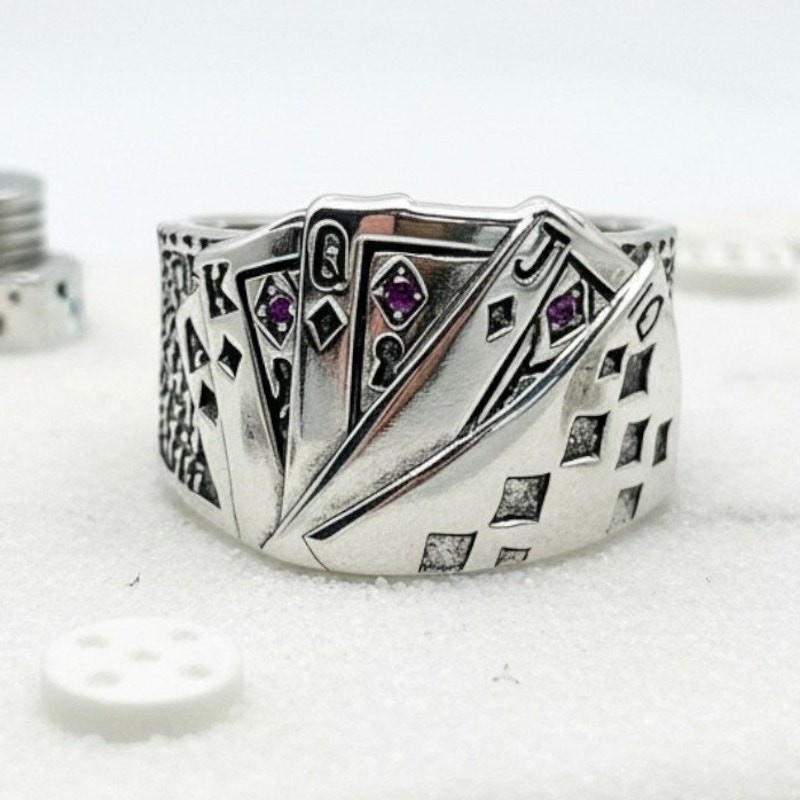 Lucky 925 Gambler Silver Plated Ring Poker Royal Flush Players Card Resizeable