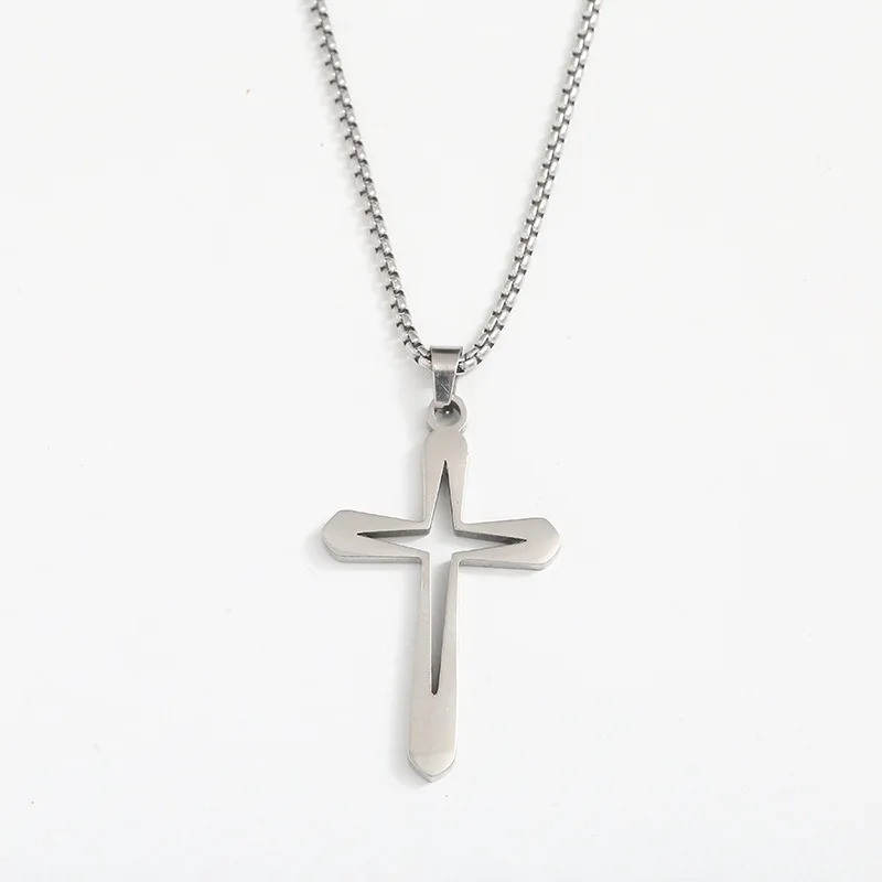 Cross inside a cross pendant necklace silver plated over stainless steel