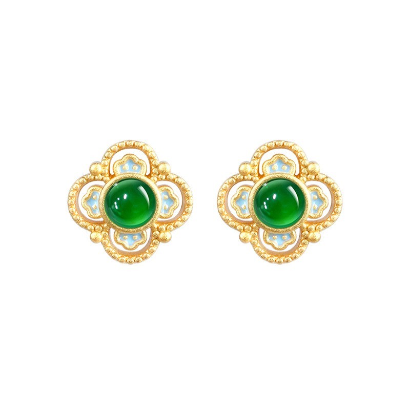 Jade Four-Leaf Clover Stud Earrings Minimalist Bamboo 18K Gold Plated Gemstone