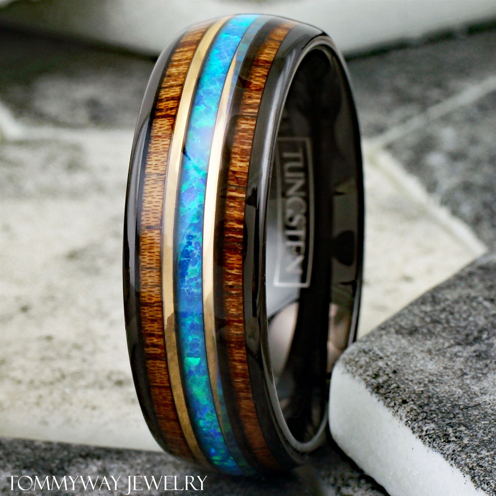 8mm Black Tungsten Koa Wood w/ Hawaiian Blue Opal Stripe Men’s Wedding Band Ring