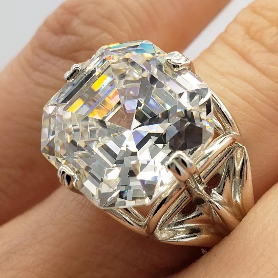 Rare 12.20 Ct Certified Asscher White Treated Diamond Solitaire Ring 925 Silver