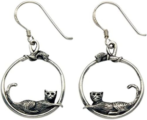 Wildthings Sterling Silver Cat in Hoop w/Mouse Wire Earrings
